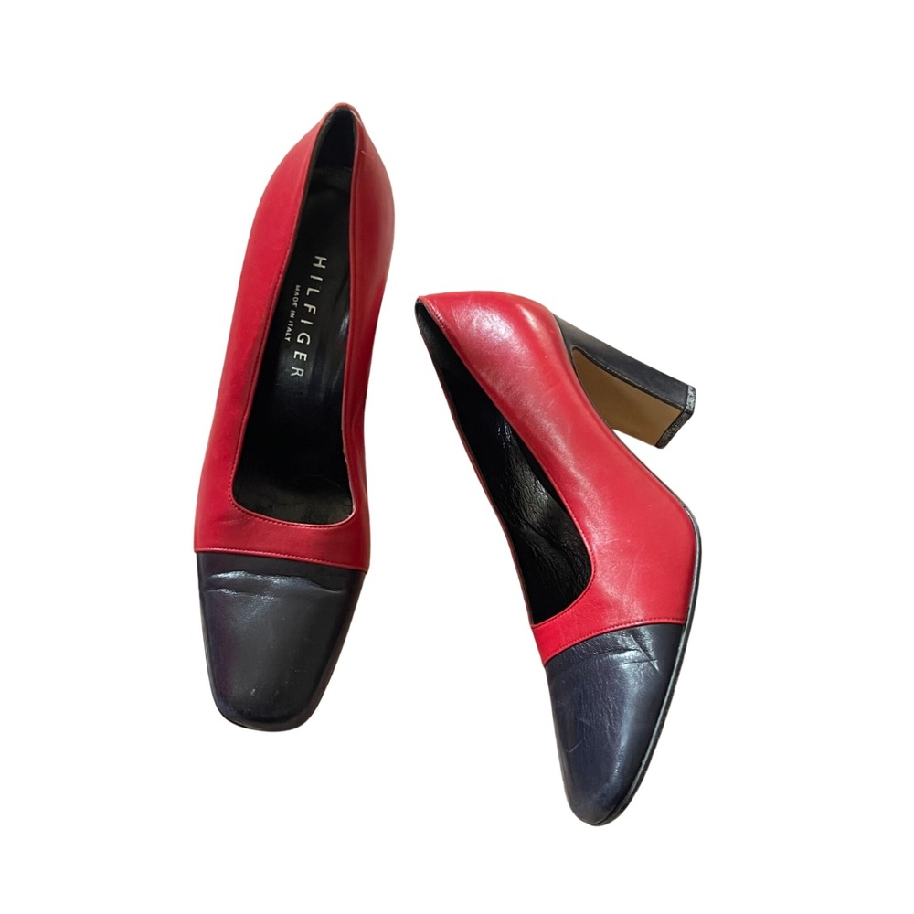 Vintage Tommy Hilfiger‎ Red & Black Leather Heels Cap Toe Block Heel Size 8